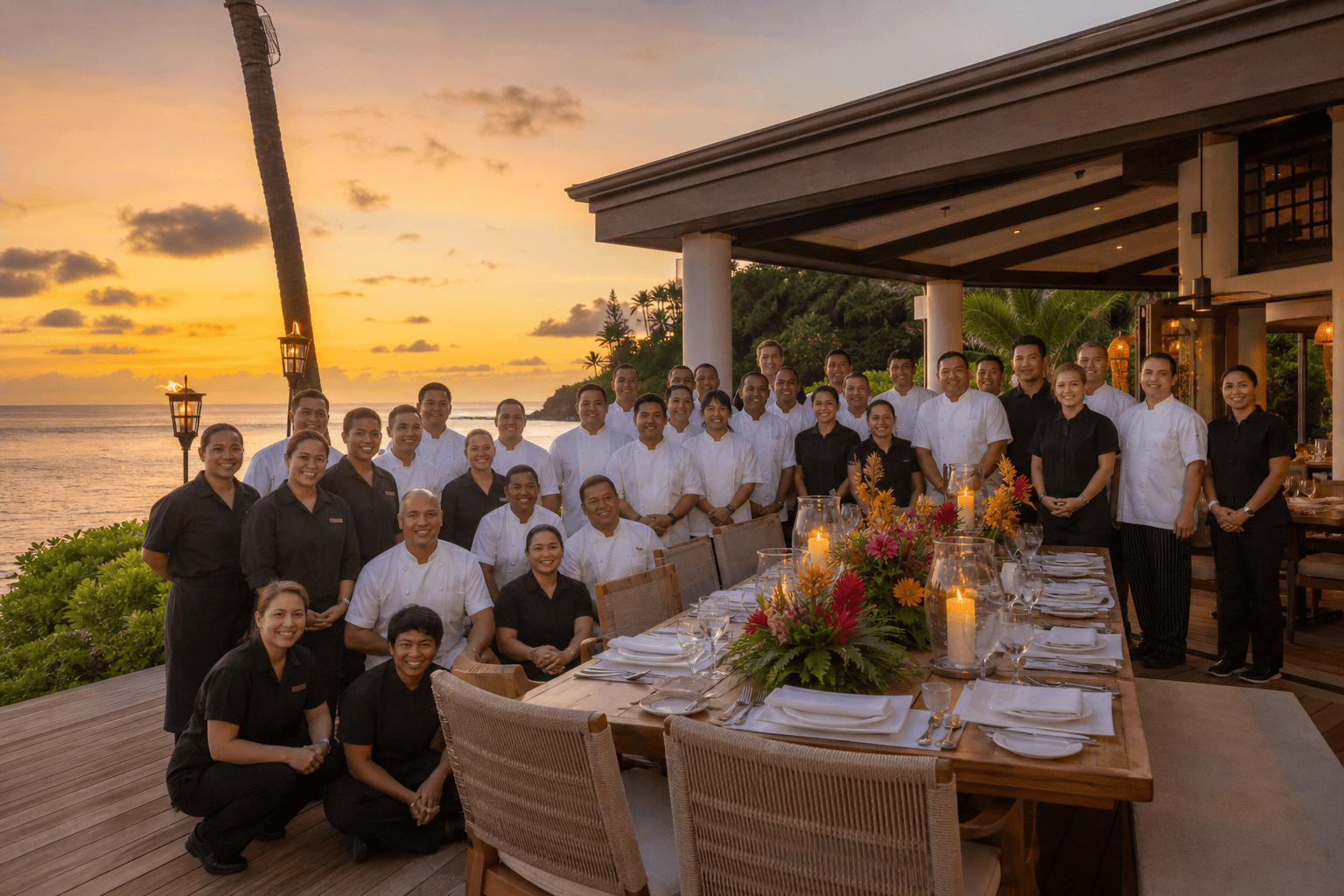 A villa-deck crew on Oʻahu at dusk — chefs and service around a long set table, ocean beyond.