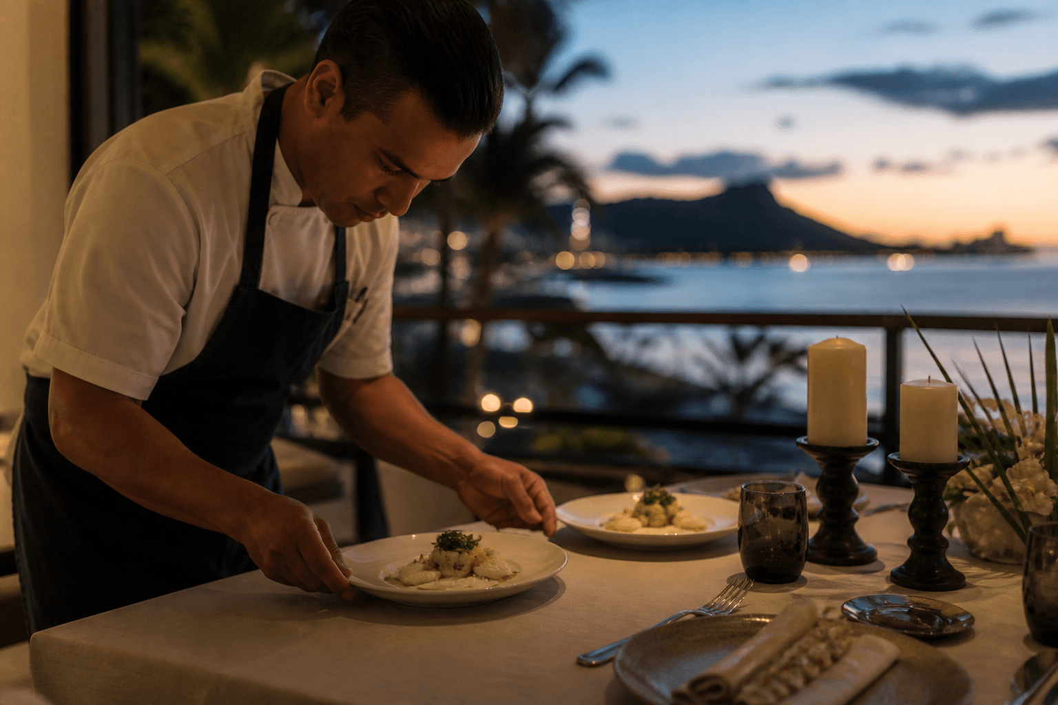 A chef plating two intimate ivory dishes on a Kahala dining table at dusk, Diamond Head through the sliders.