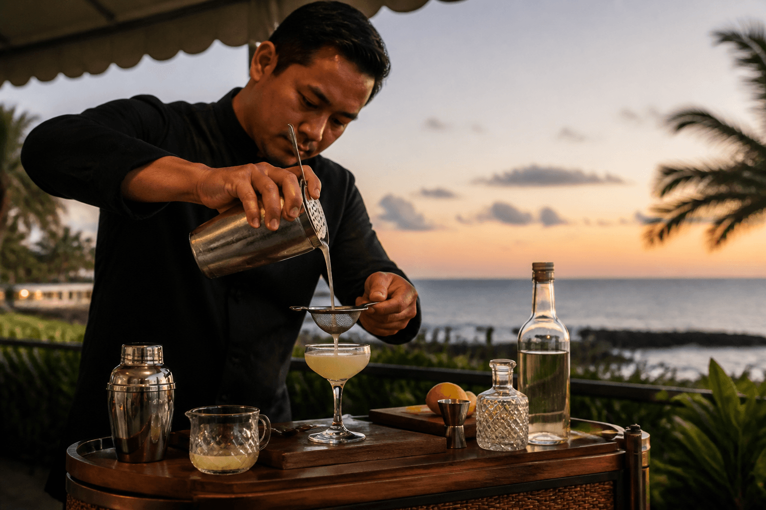 A bartender straining a citrus cocktail on a Kahala lanai bar cart at dusk, unlabeled bottle.