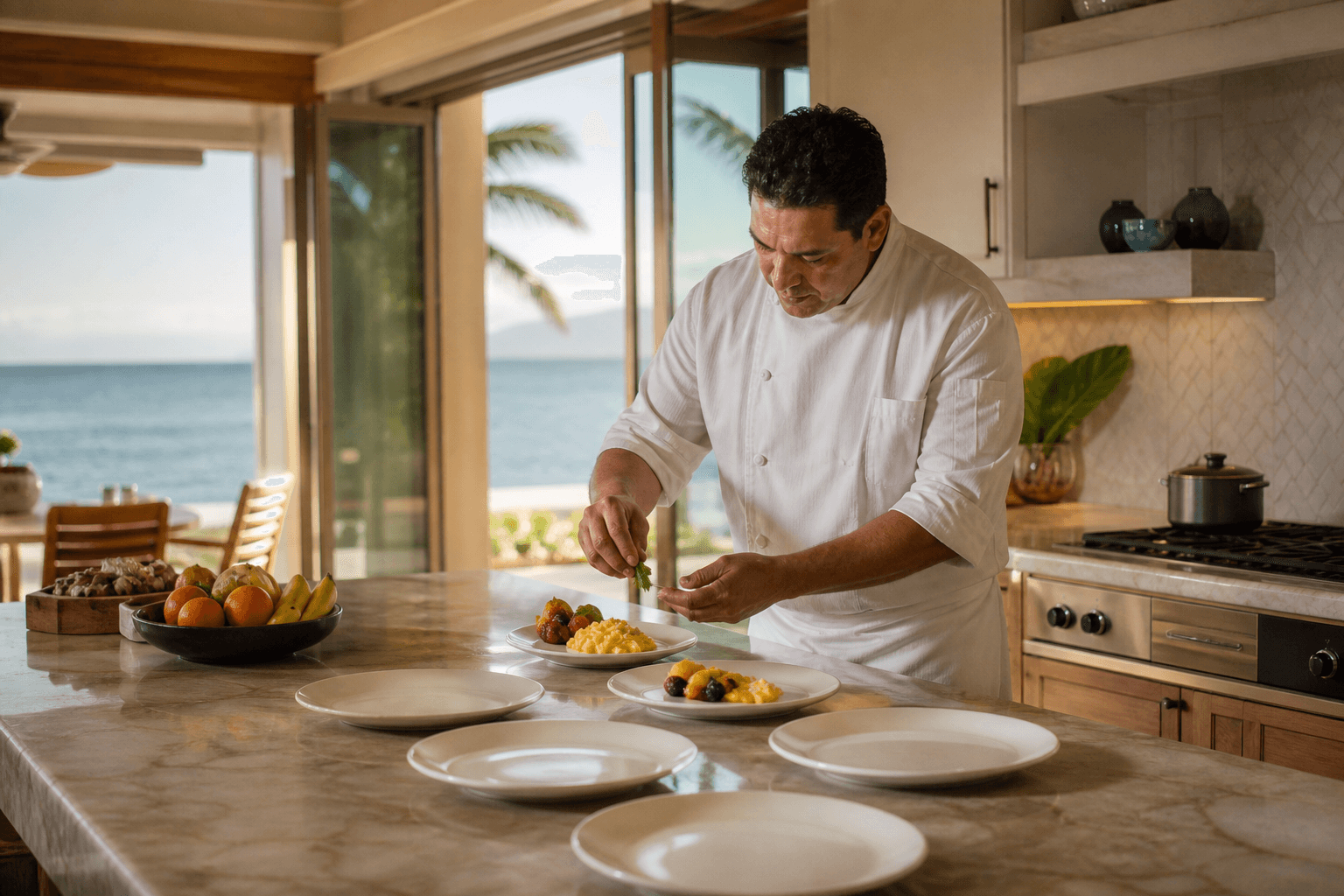 A chef plating morning eggs and fruit on ivory plates in a Kahala villa kitchen, Pacific beyond.