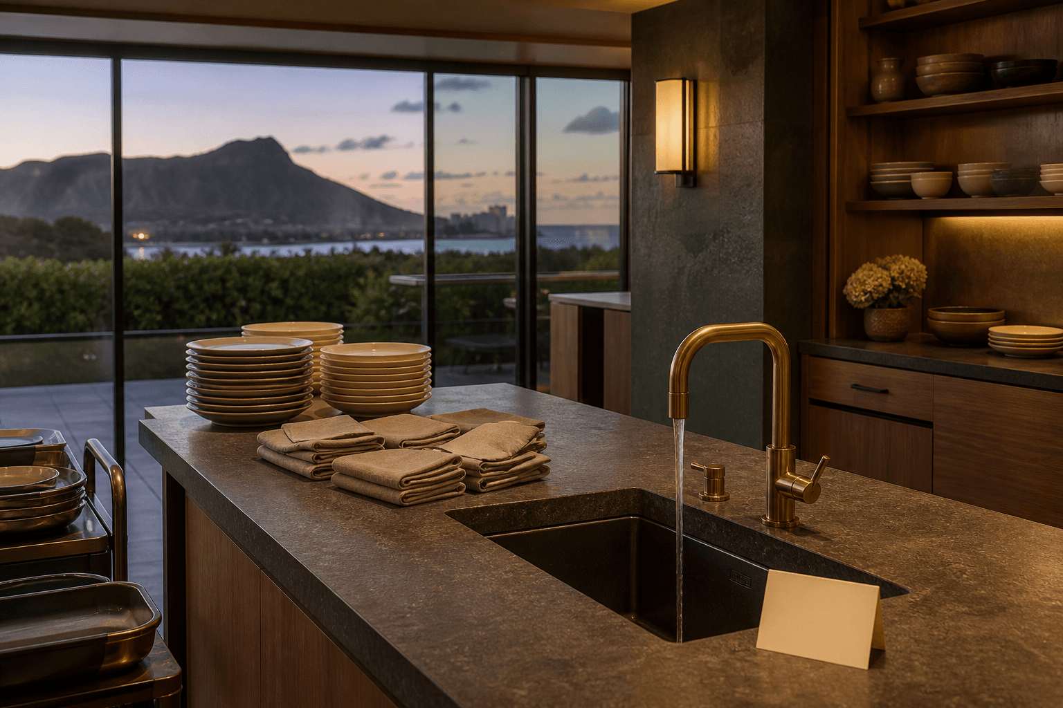 Stacked plates and folded sand linen on a Kahala kitchen island after service at dusk.