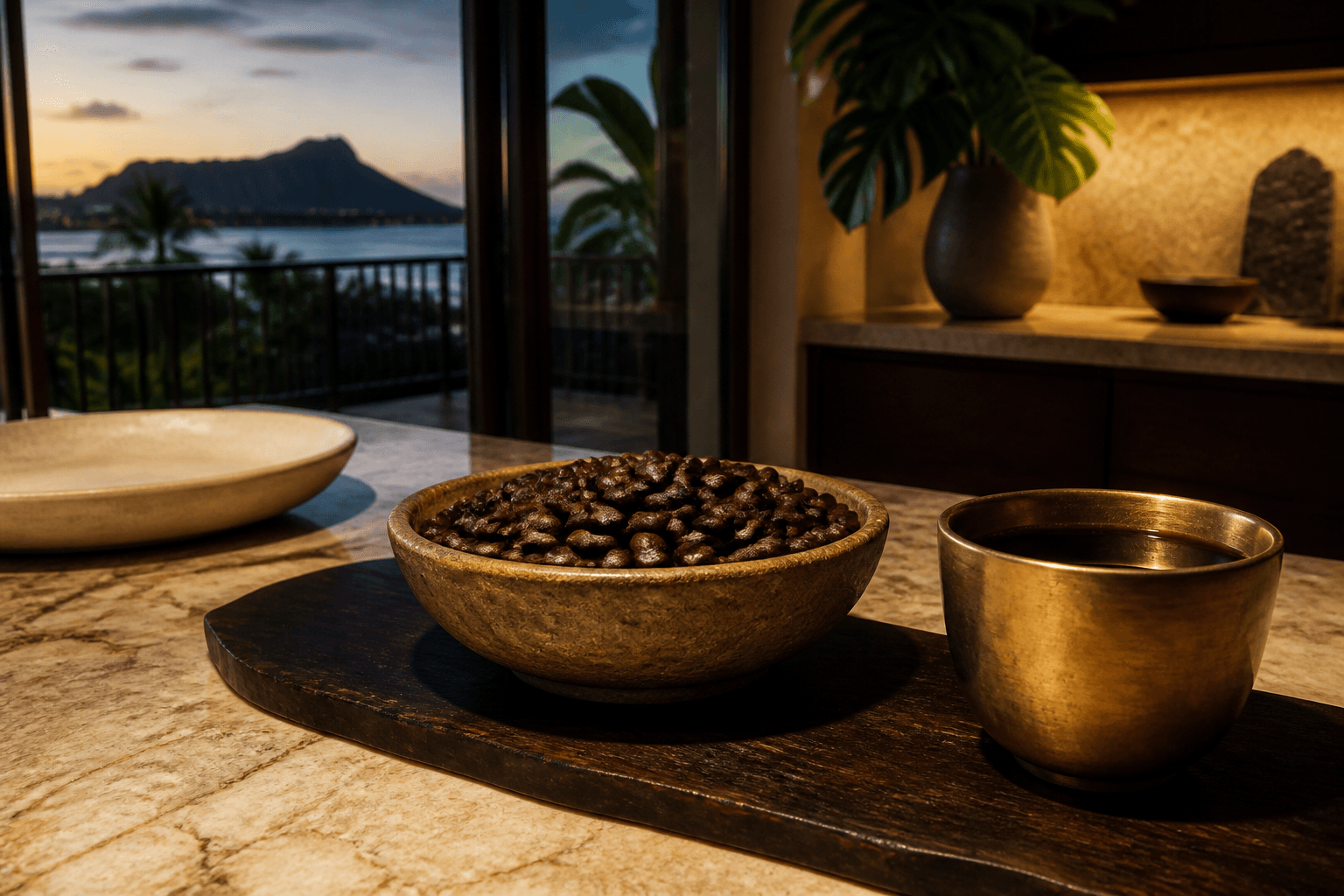 Unmarked roasted coffee beans in a clay bowl and a brass cup on a Kahala kitchen counter at dusk.