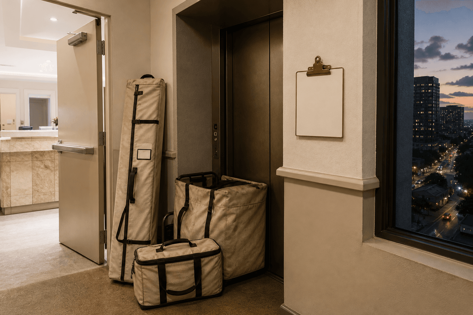 Stacked coolers in a Waikīkī tower hallway at dusk, freight-elevator doors, no logos.