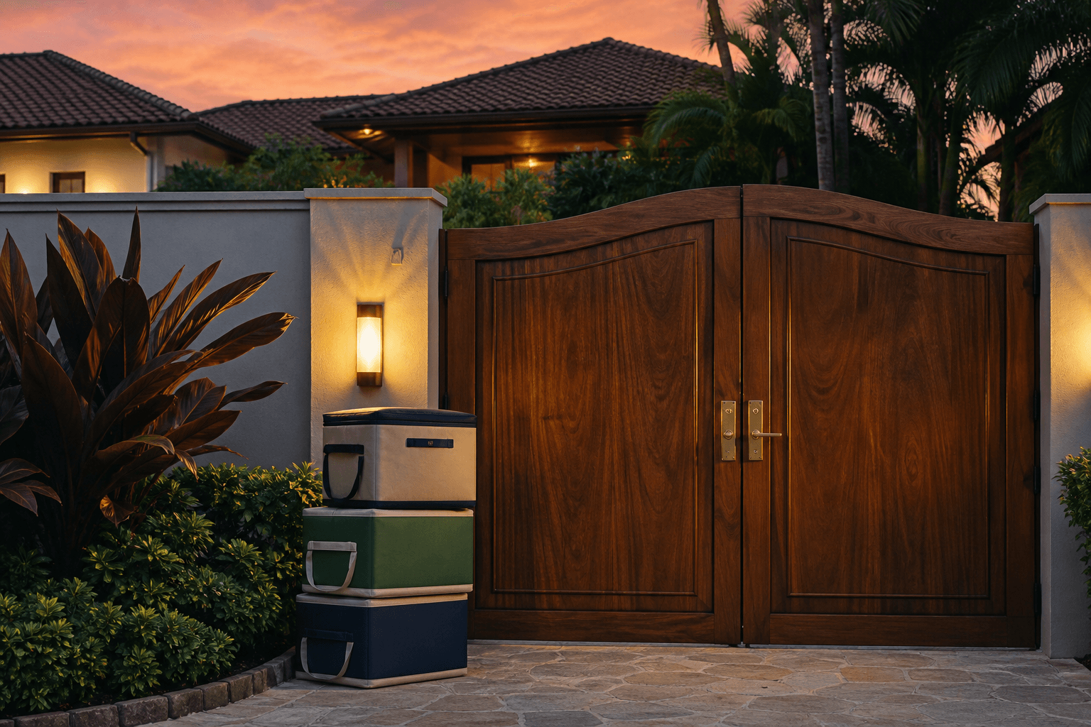 Stacked canvas coolers beside a closed koa Gold Coast gate at dusk, no logos.