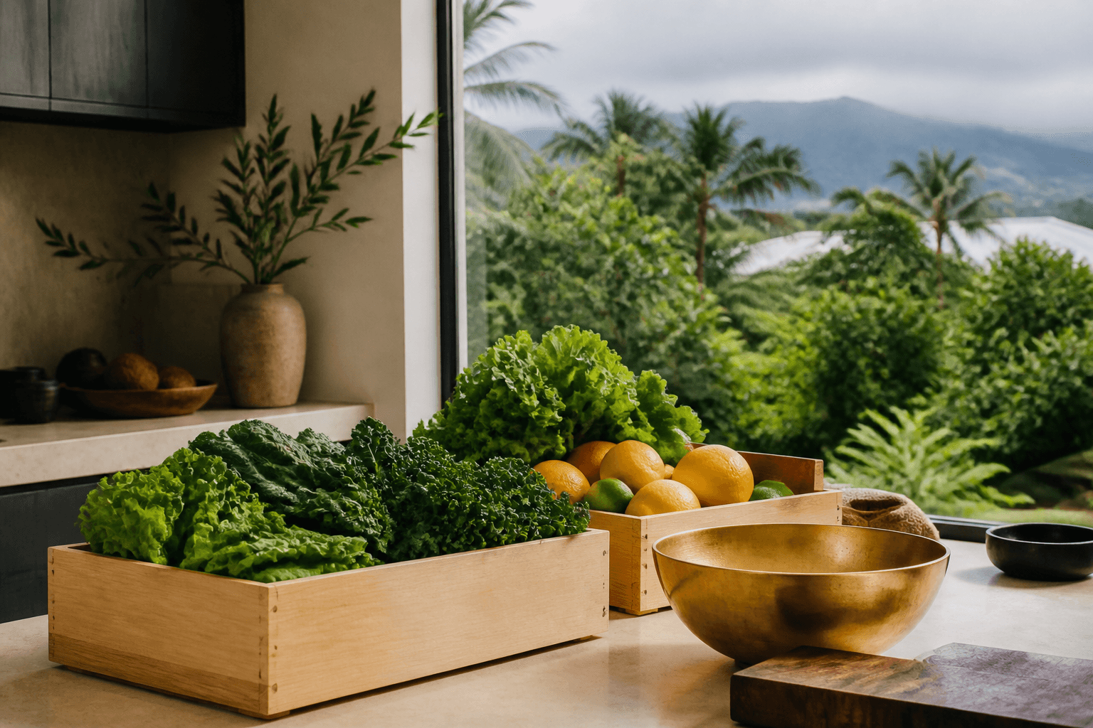 Unmarked produce crates of greens and citrus on a Kahala kitchen counter in overcast morning light.