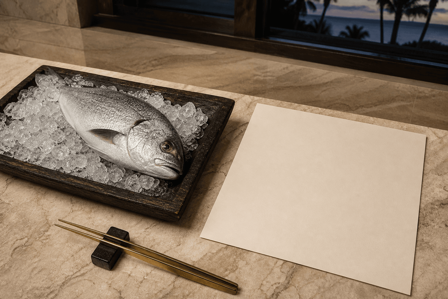 A whole unmarked silver fish on crushed ice on a Kahala kitchen counter at dusk, blank cream paper beside it.