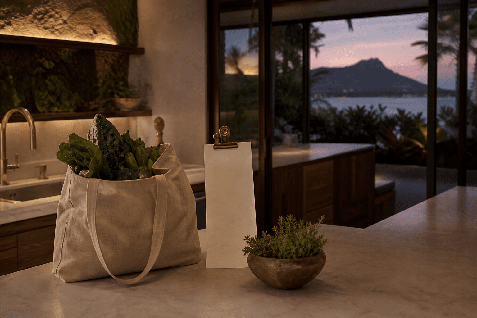 A canvas grocery tote and blank receipt paper on a Kahala kitchen island at dusk.