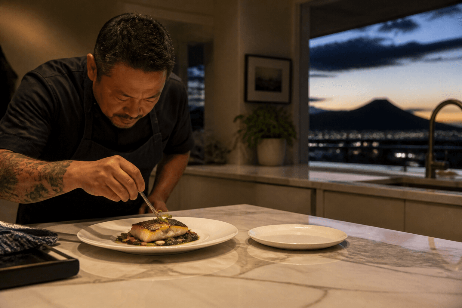 A chef plating a smaller ivory kids plate beside an adult fish course in a Honolulu kitchen at dusk.