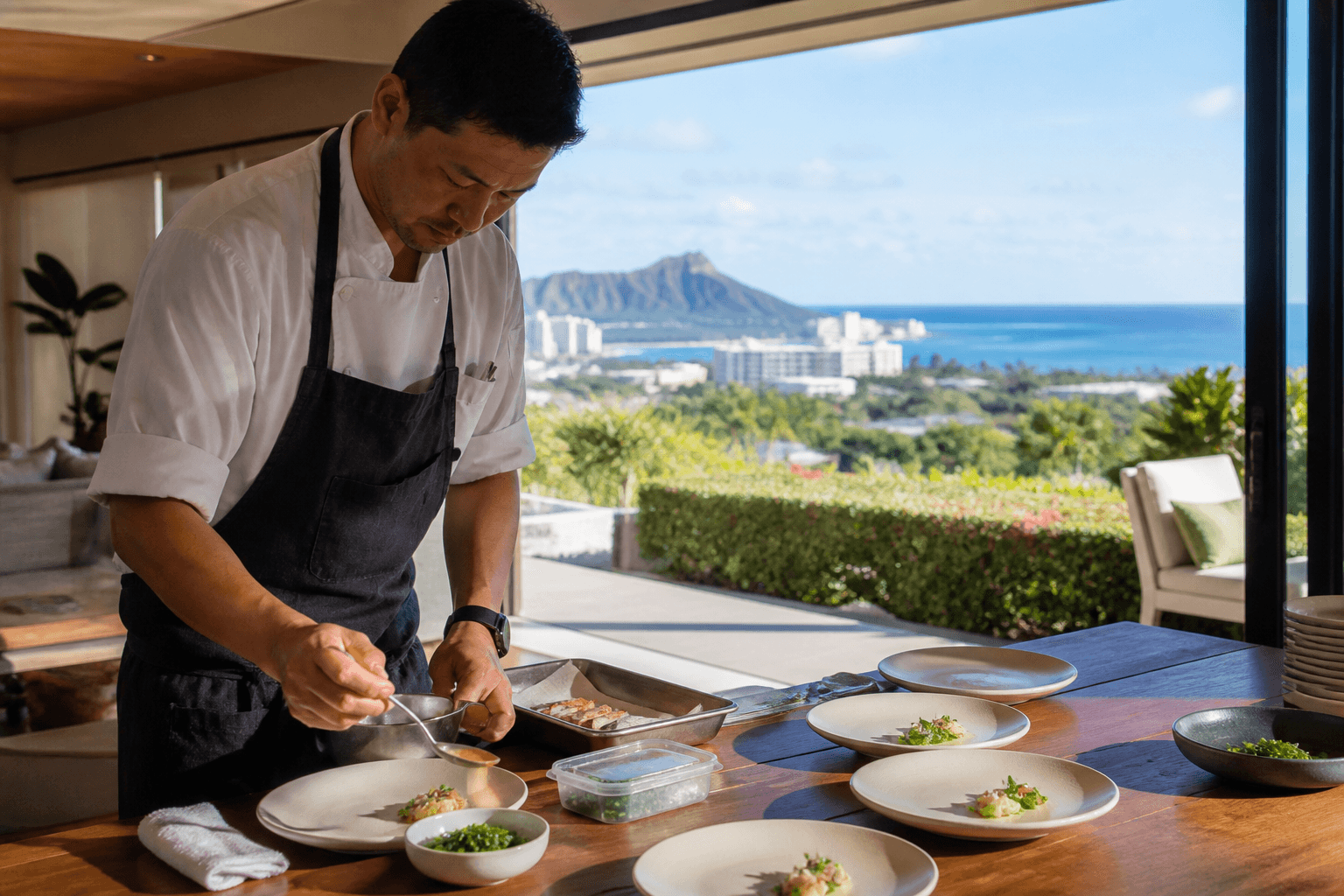 A chef plating a midday fish lunch on ivory plates at a Honolulu house table, Diamond Head distant.
