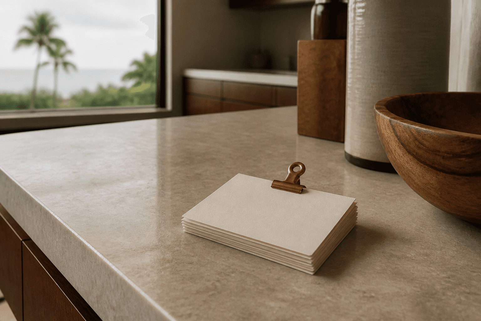 Short note cards stacked on a Kahala kitchen counter in overcast morning light, brass clip, no theatrical props.