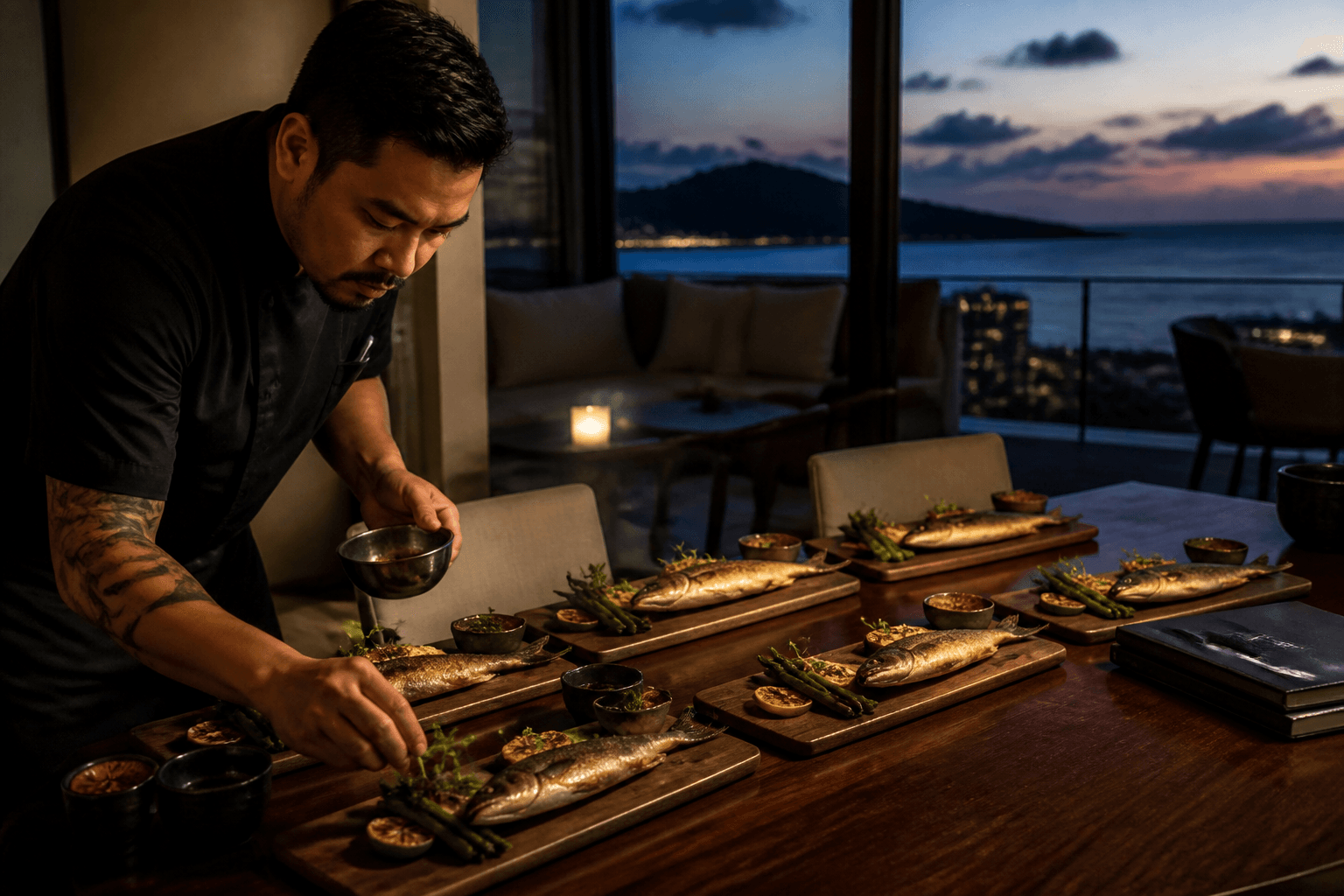 A chef plating identical board-dinner fish courses on a Honolulu house table, unused notebooks aside.