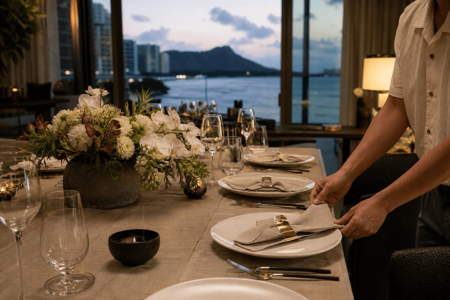 A Kahala dining table being set at winter dusk, unused ivory plates, sand linen, Diamond Head faint.