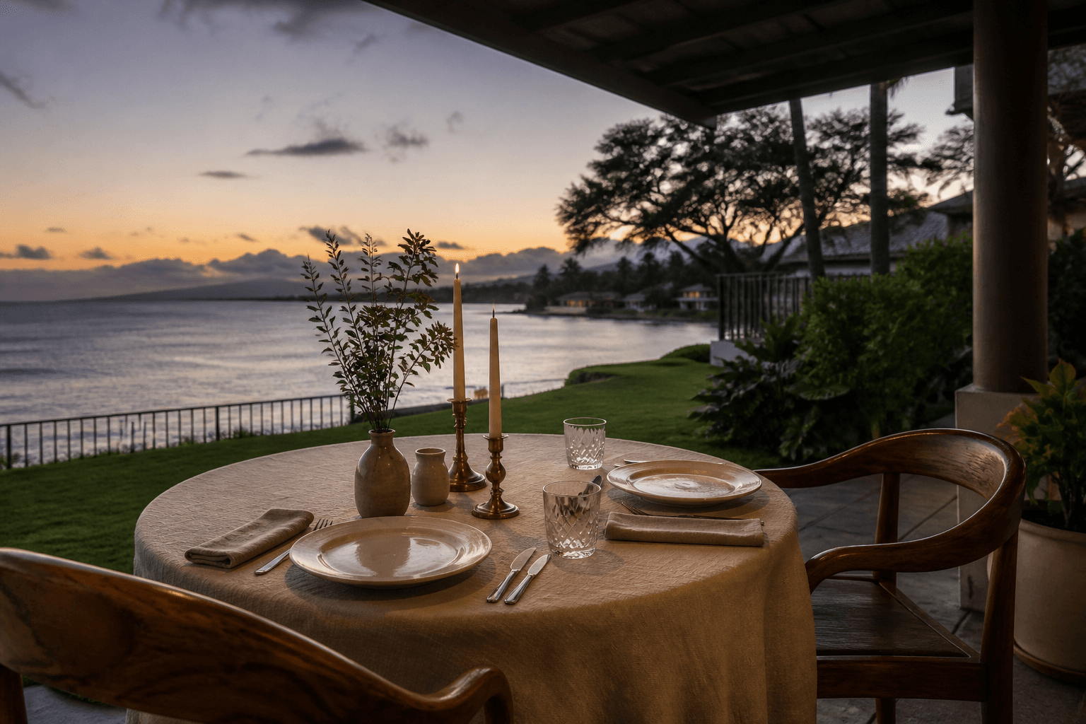 A Kahala lānai table set for two, empty ivory plates, unlit brass candleholders at dusk.