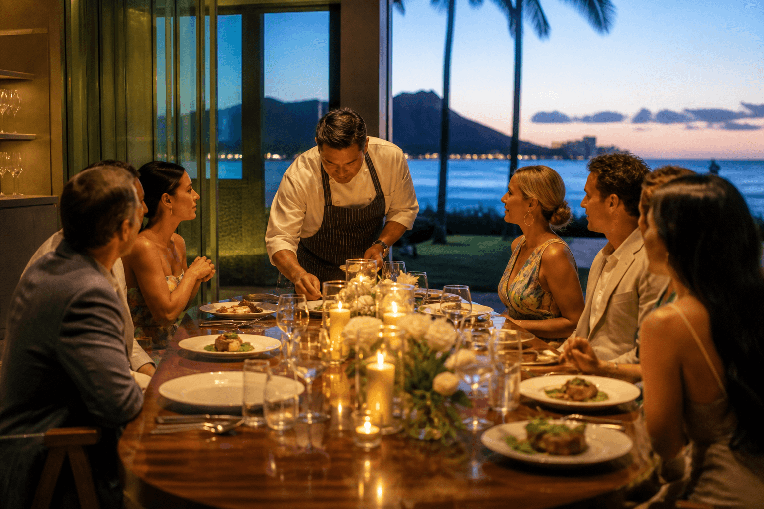 A chef plating a seated rehearsal dinner for about eight on a Kahala dining table at dusk, Diamond Head.