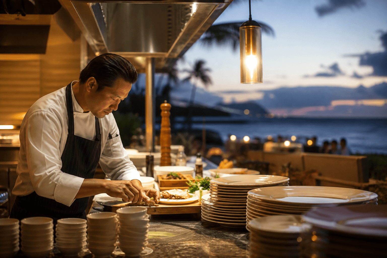 A chef at a Kahala kitchen pass with stacked ivory plates for a full-board retreat day, Pacific beyond.