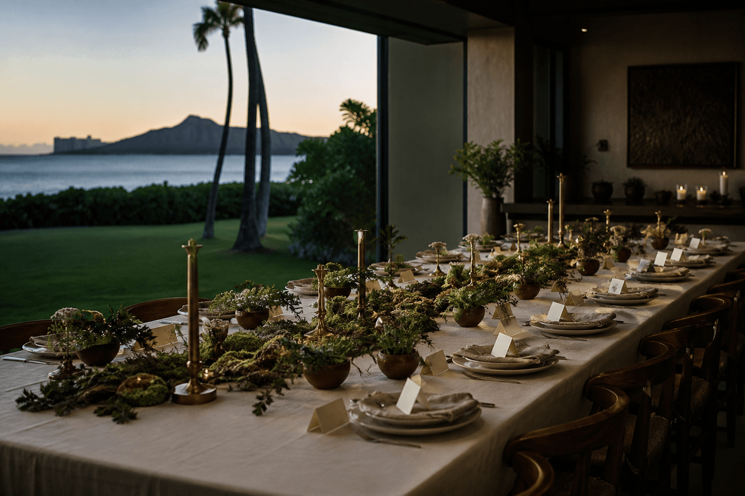 A long Kahala dining table set for a family, empty ivory plates, dusk.