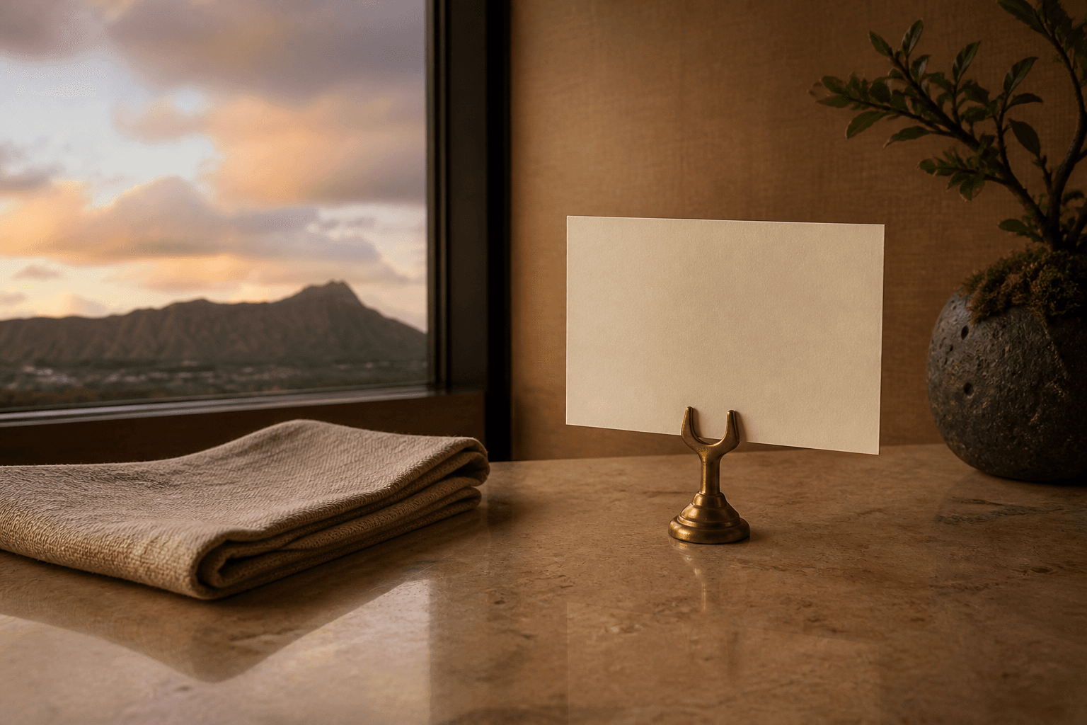 A blank unused ivory card under a brass clip on a Kahala koa pass at dusk, Diamond Head faint.