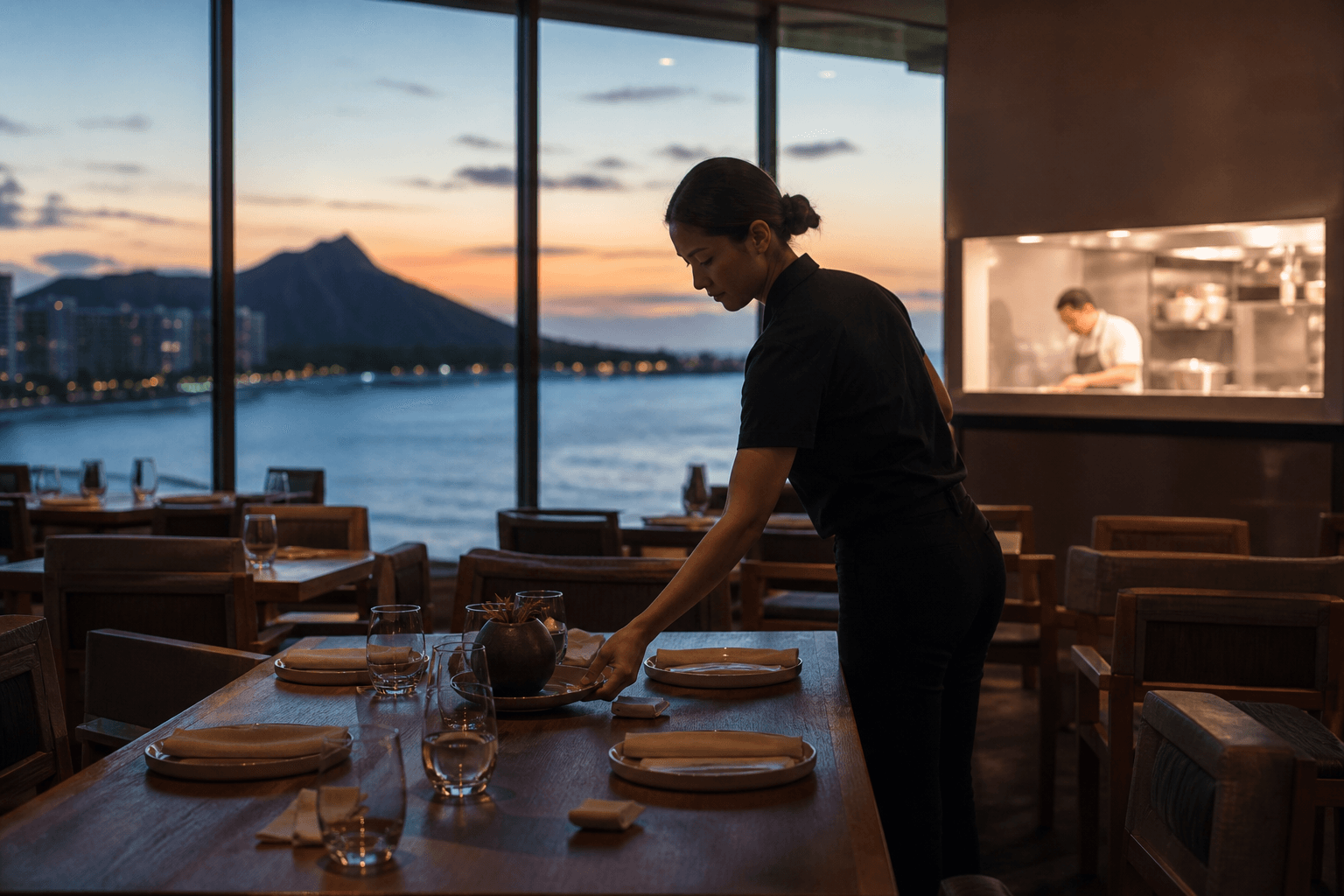 A server setting unused ivory plates on a Kahala dining table at dusk, chef at the pass, Diamond Head.