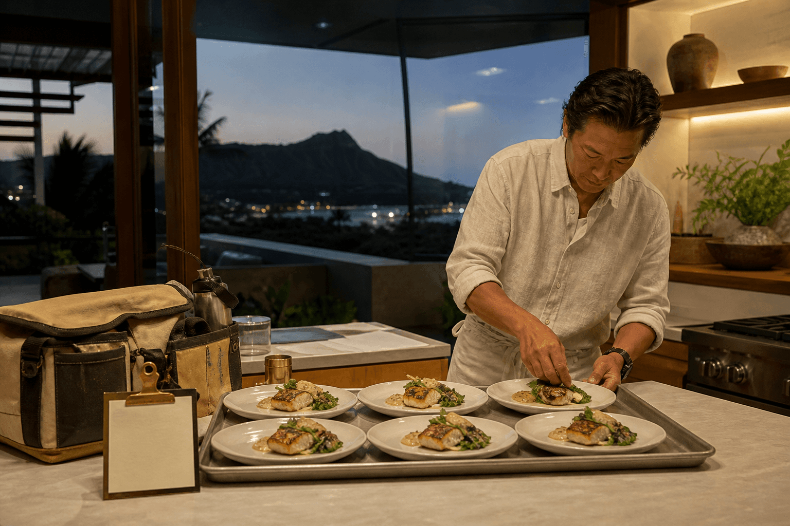 Identical plated meals on a Kahala kitchen island, blank cream cards, dusk.