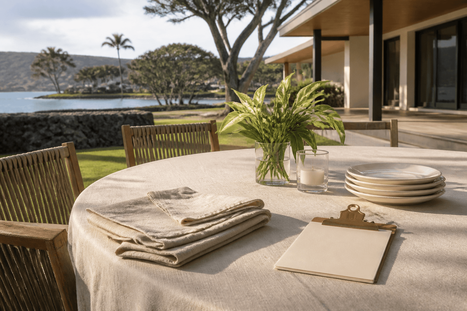 An empty Kahala lānai table in soft morning light, folded sand linen, unused ivory plates.