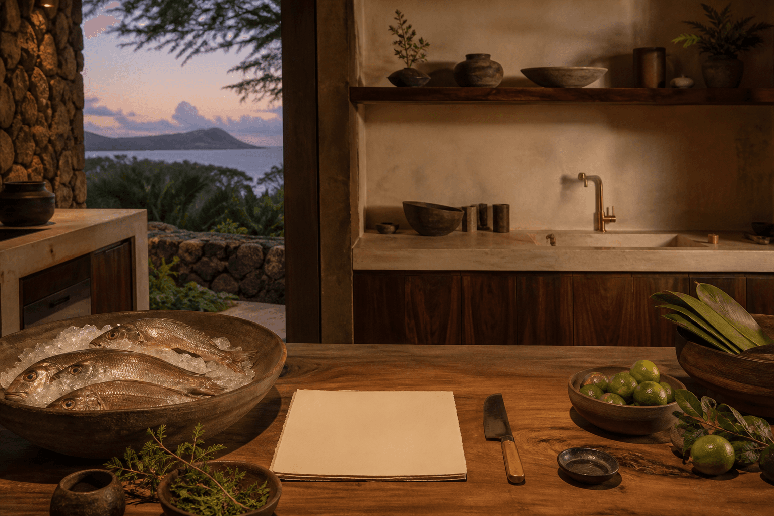 Whole fish on ice and unmarked citrus on a Kahala kitchen counter at dusk.