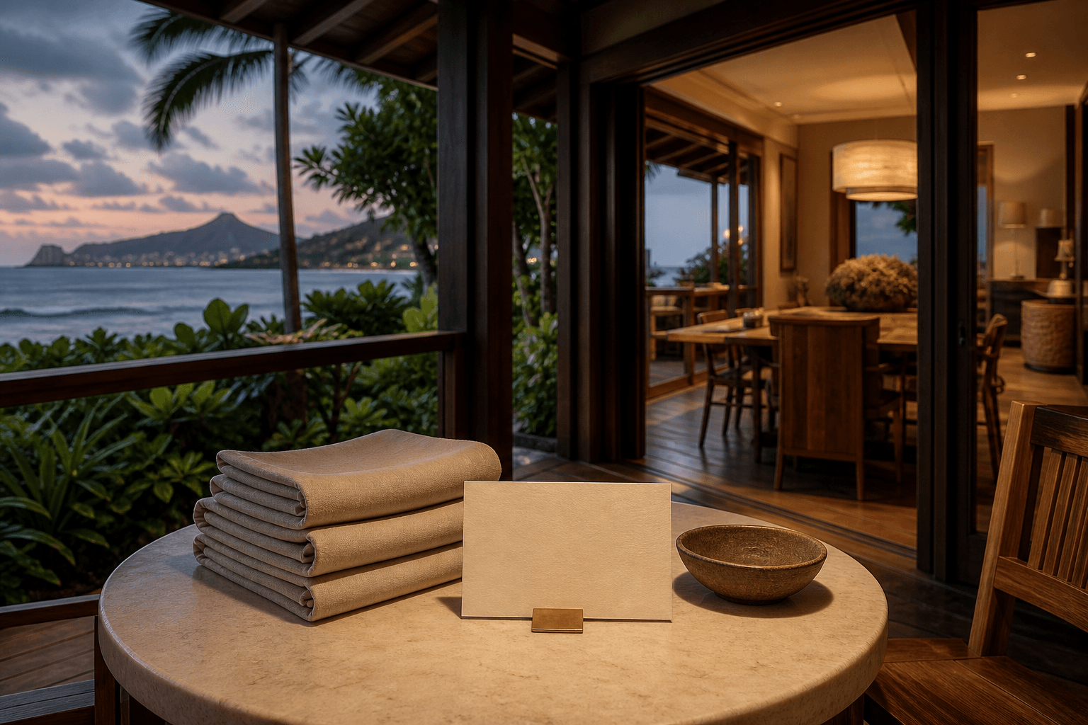 Folded sand linen beside an ivory Kahala outdoor table at dusk, covered dining room beyond.