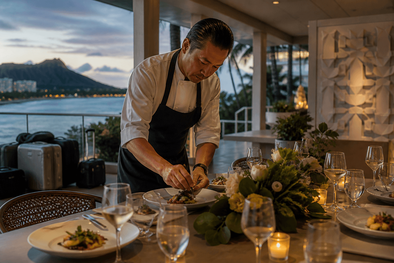 A chef plating a first-night welcome dinner on a Kahala lanai at dusk, Diamond Head, ivory plates.