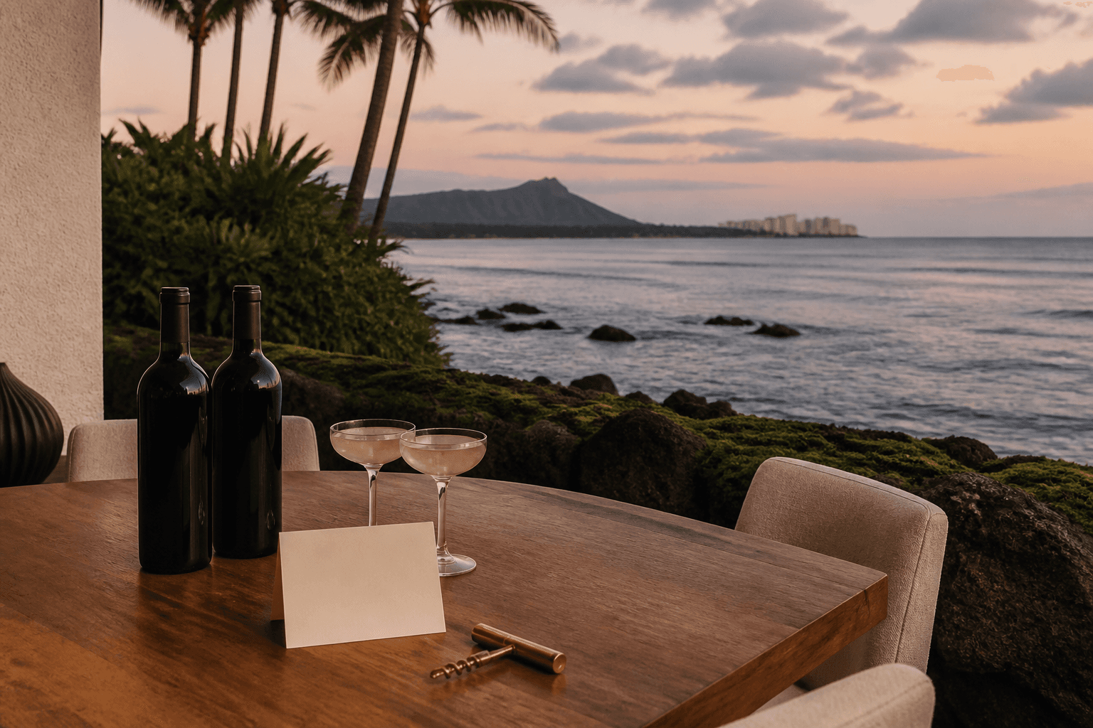 Unlabelled bottles and empty ivory coupes on a Kahala lānai table at dusk.