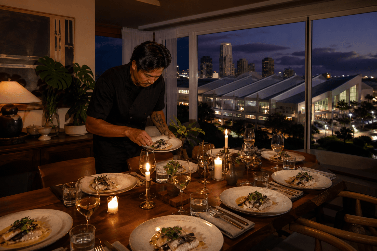 A Honolulu house dining room at dusk — we cook residences, not citywide conventions.
