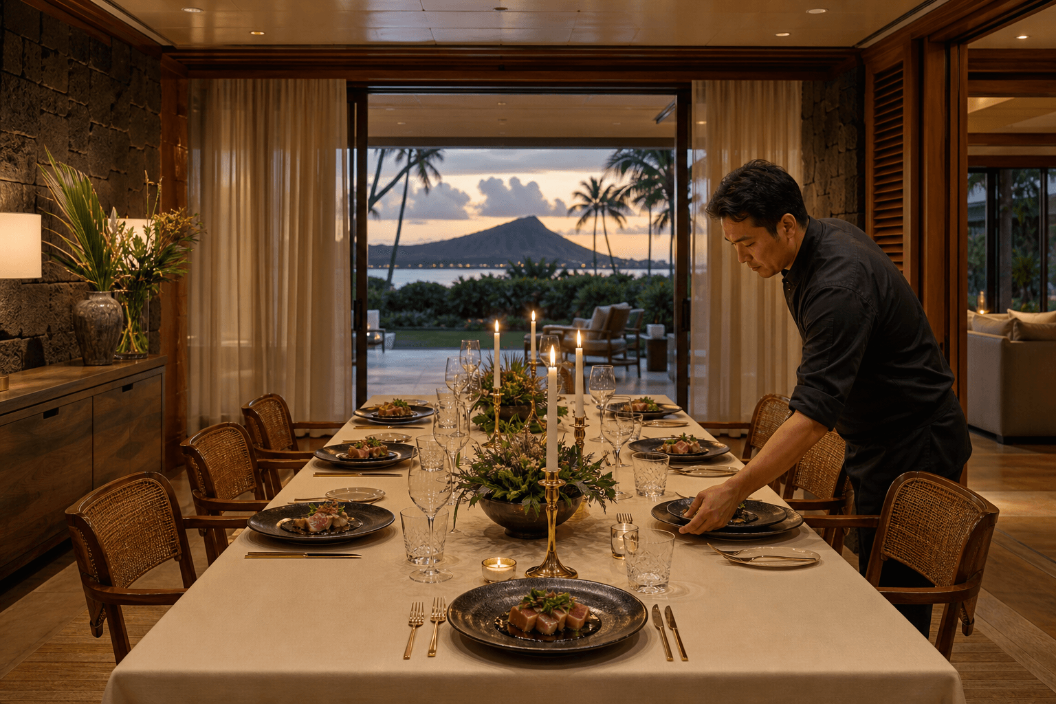 A Kahala Gold Coast estate table at dusk — plated ahi, brass, Diamond Head on the horizon.