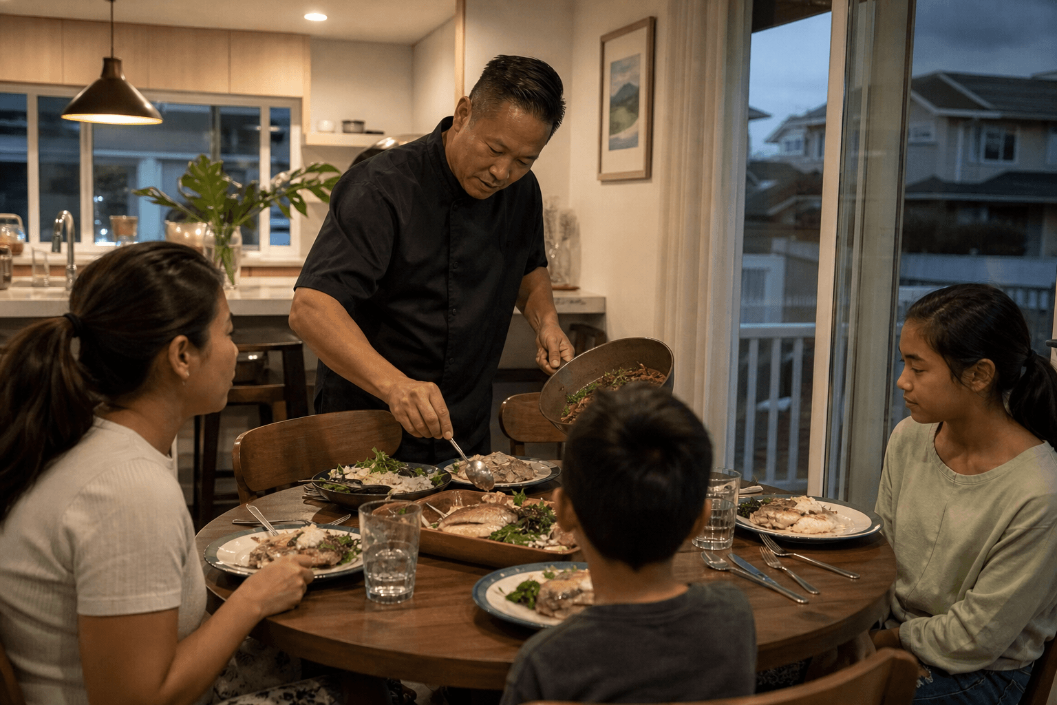 Weeknight family plates in a Honolulu residential kitchen — not a resort villa.