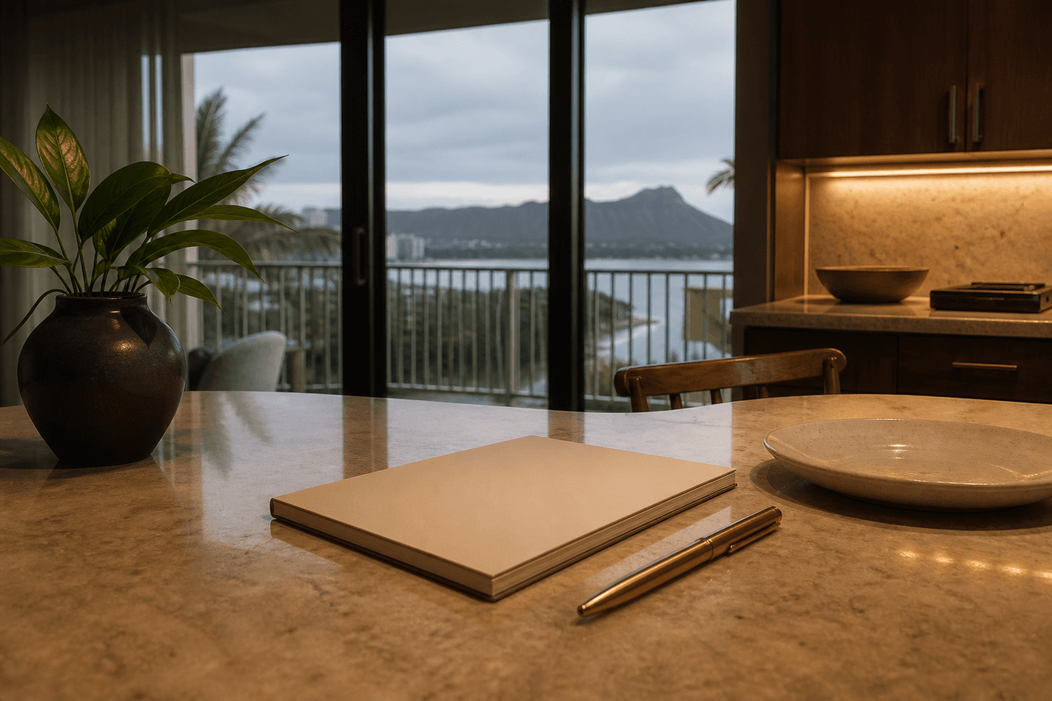 A Kahala kitchen desk at dusk with a closed unmarked notepad and brass pen, no telephone, Diamond Head faint.