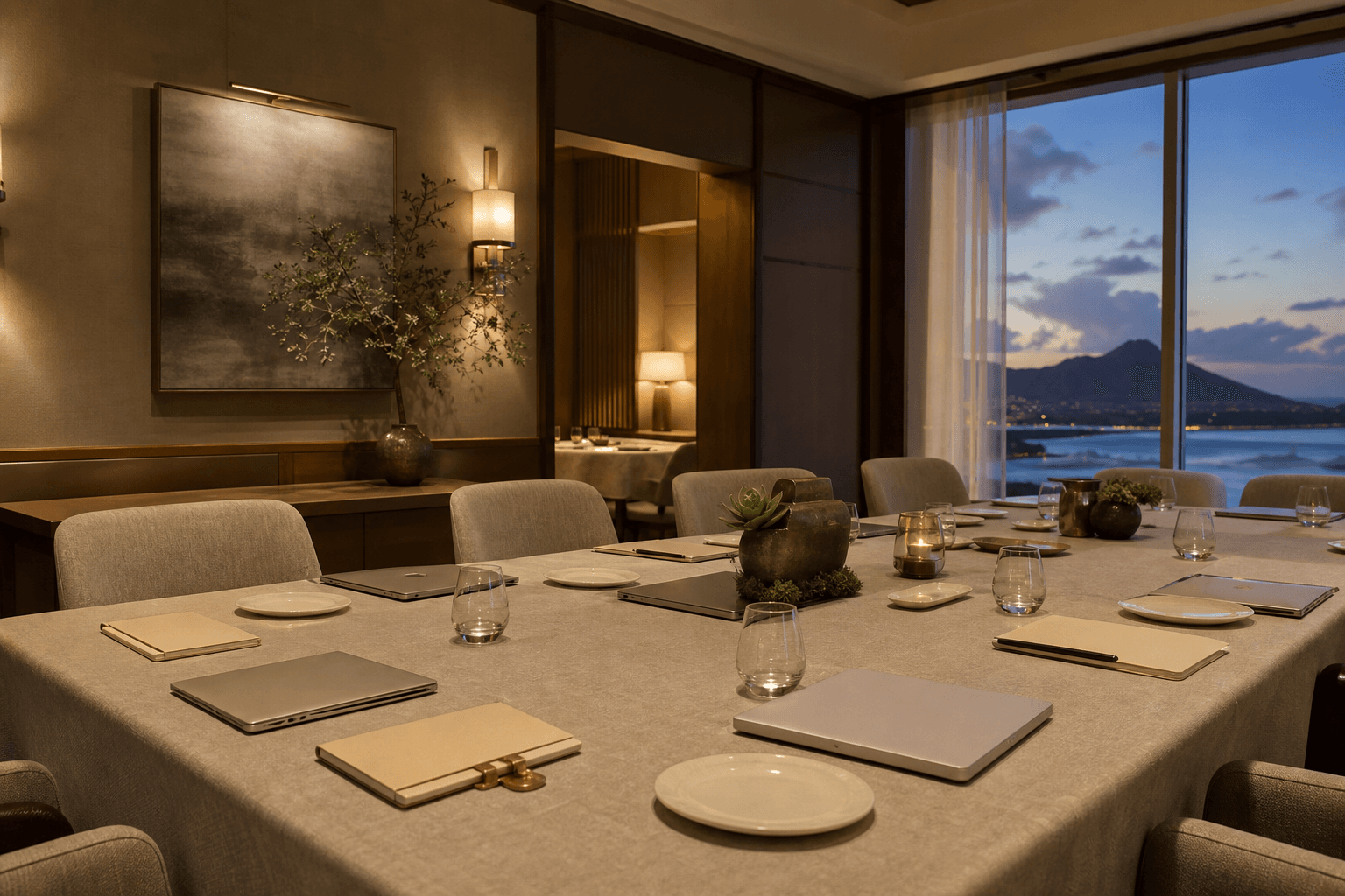Unused ivory plates and unmarked papers on a Kahala dining table at dusk, brass clip.