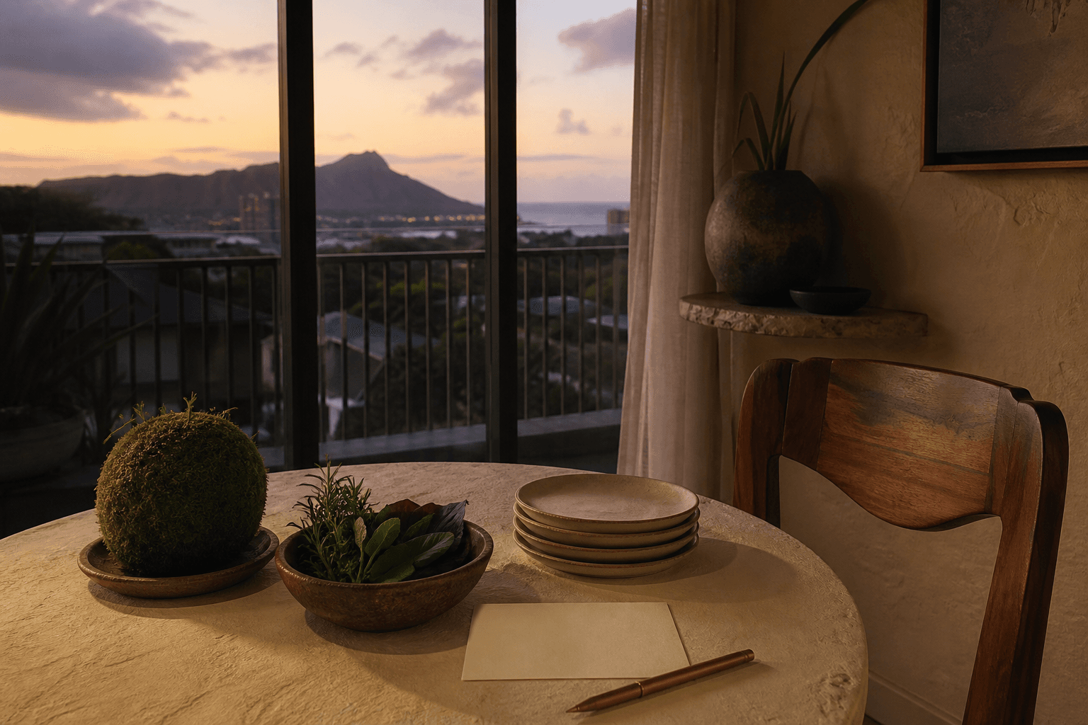A small ivory table on a Honolulu lānai at dusk, blank cream card, Diamond Head faint.