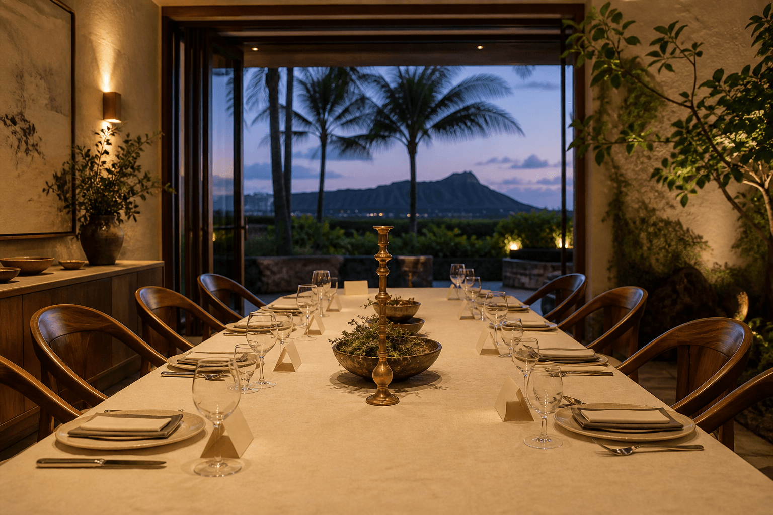 A Kahala Gold Coast dining table at dusk, blank place cards, Diamond Head faint.