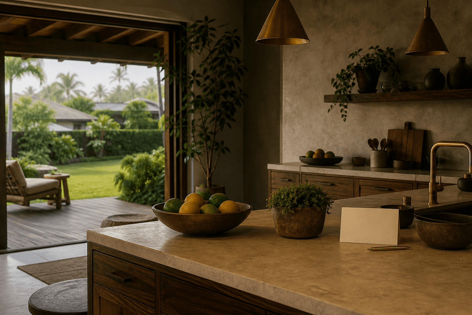 A Kailua windward kitchen counter in late light, blank cream card, residential lawn beyond.