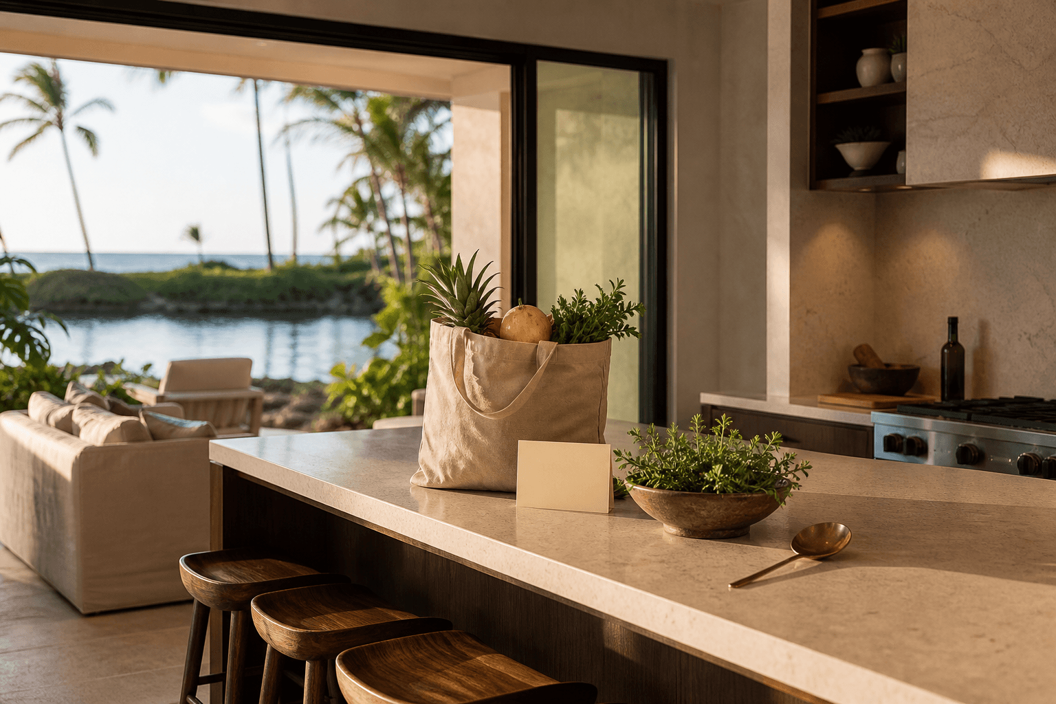 A Ko Olina villa kitchen island, grocery tote and blank cream card, lagoon palms beyond.