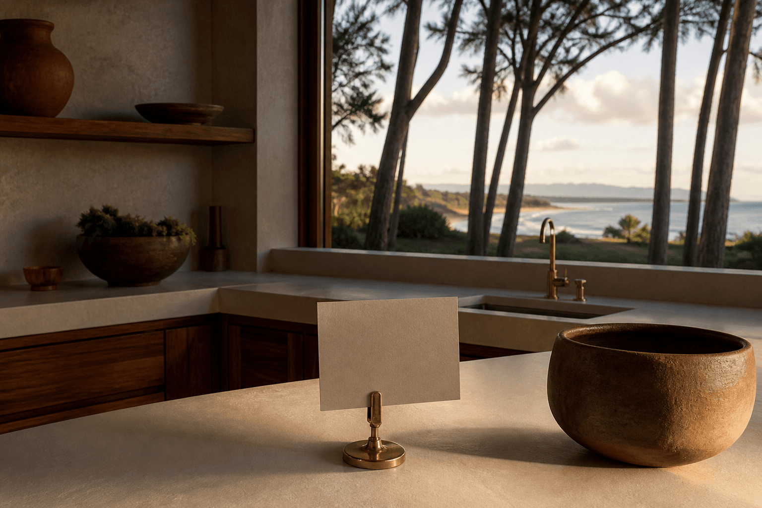 An Oahu North Shore villa counter, blank cream card, ironwoods and a distant coastline.