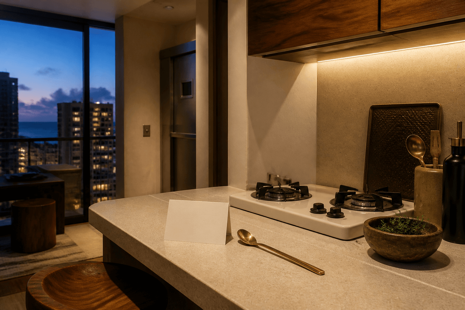 A compact Waikīkī tower-residence cooktop at blue hour, blank cream card, city lights.