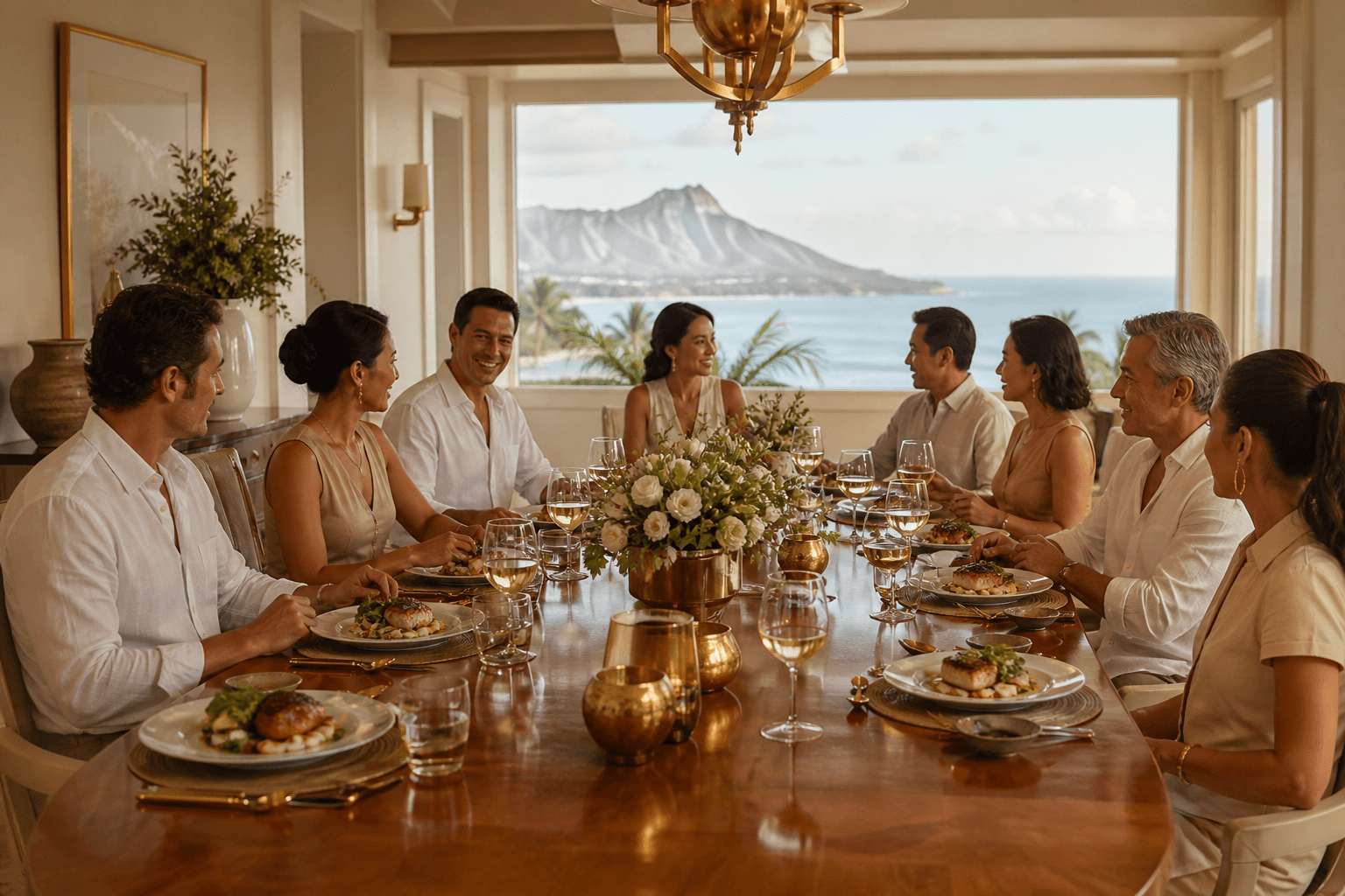 A Kahala celebration dinner — plated fish for about eight, brass, Diamond Head faint.