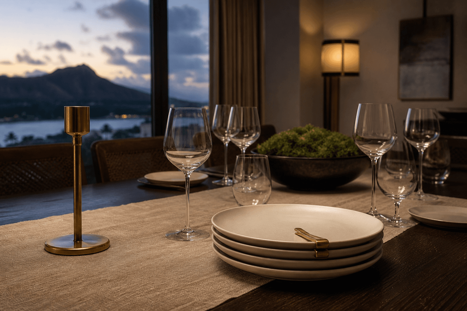 Unused ivory plates and empty glasses on a Kahala dining table at dusk, brass clip.