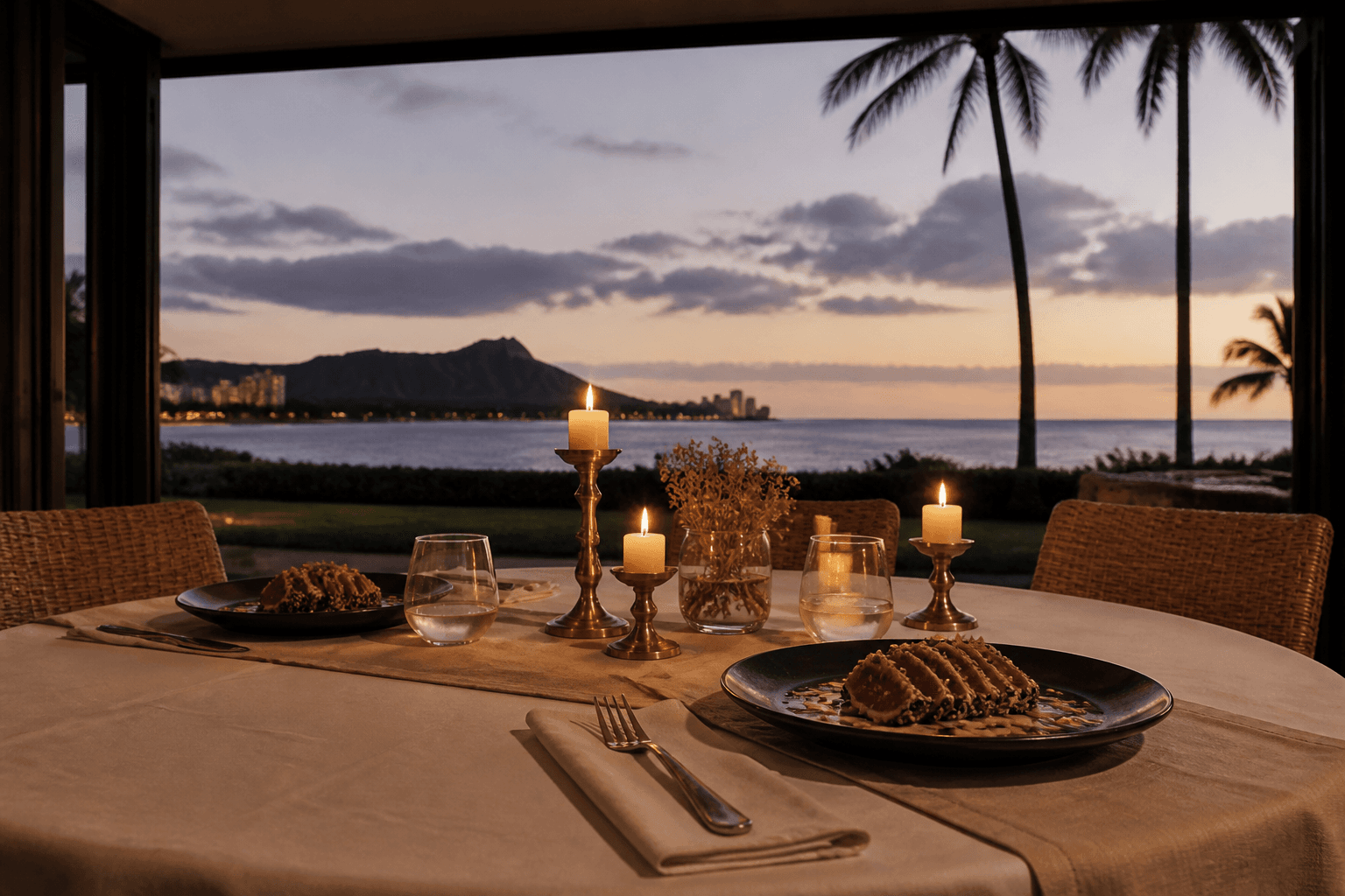 Two seats at a Kahala dining table at dusk — plated ahi, brass, Diamond Head faint.