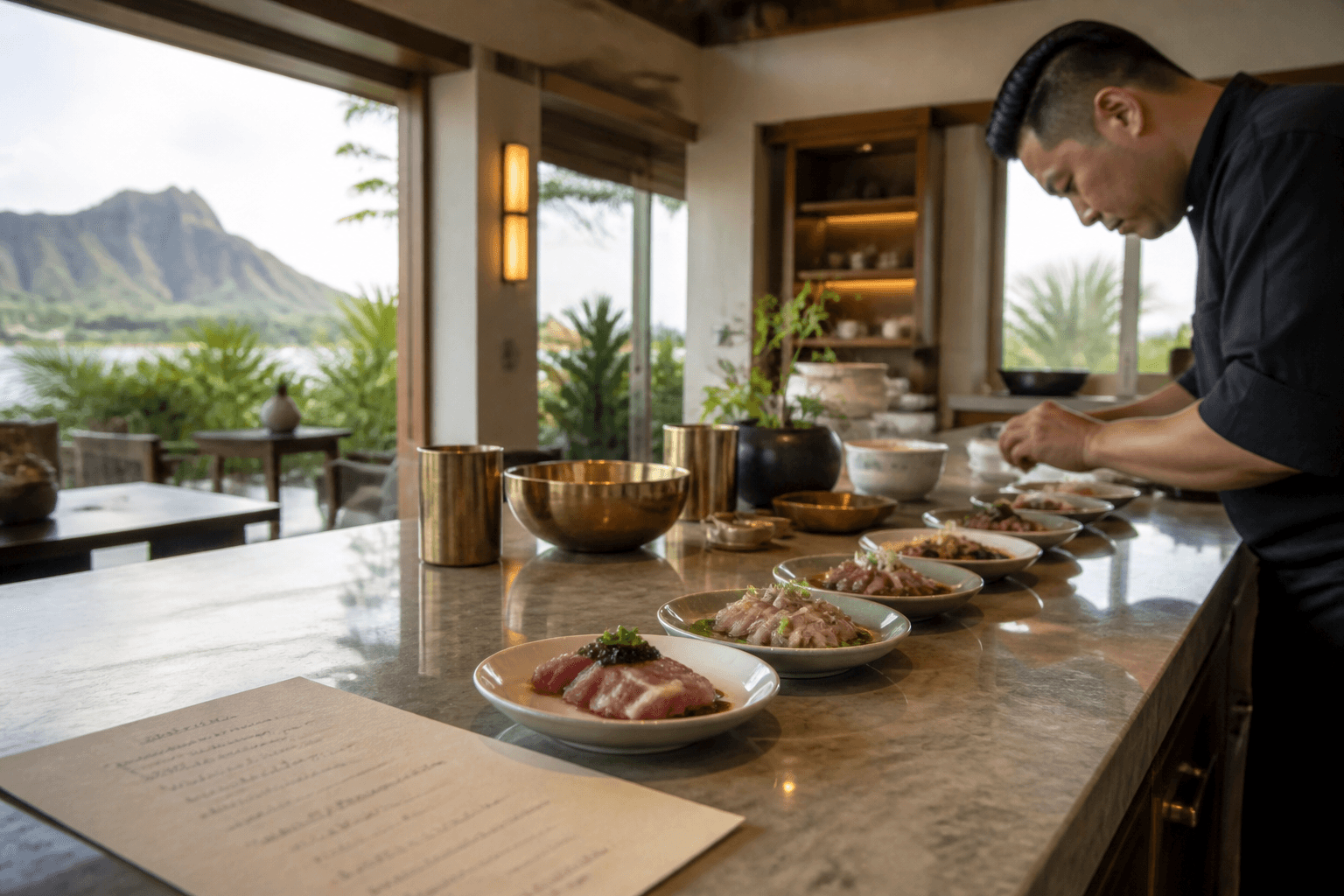 Tasting plates on a Kahala kitchen island — seared ahi, brass, Diamond Head faint.