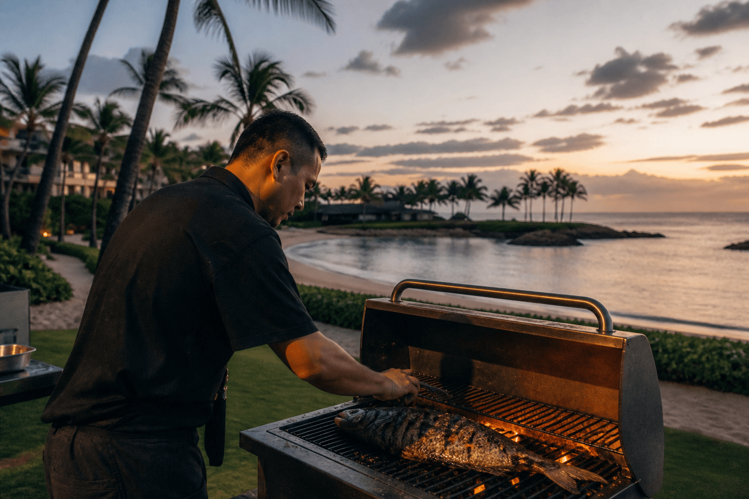 Whole fish on a Ko Olina lawn grill at dusk, west-side lagoon, staffed not theatrical.