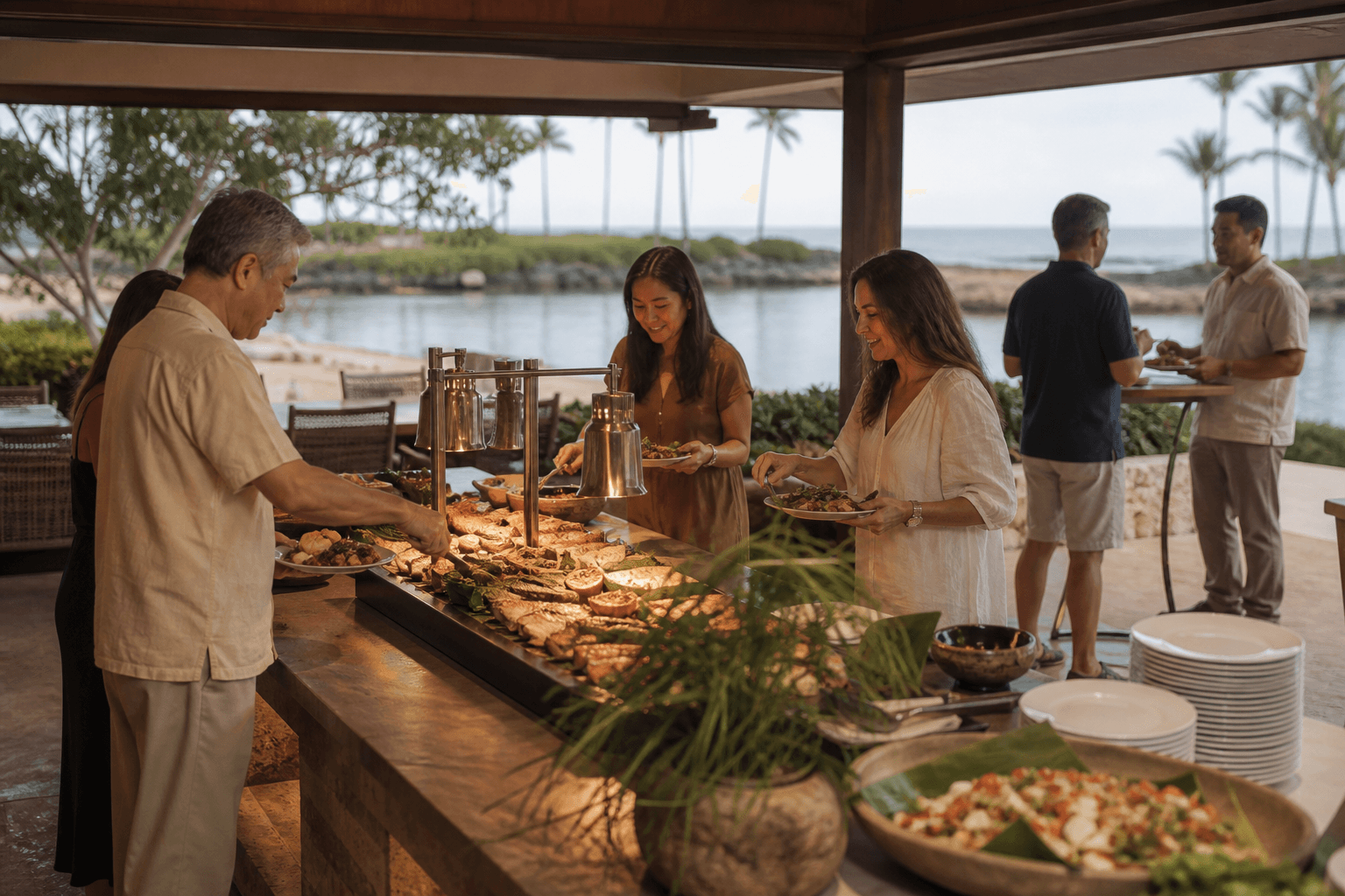 Hot stations in a Ko Olina villa — grilled catch, guests serving themselves, lagoon.