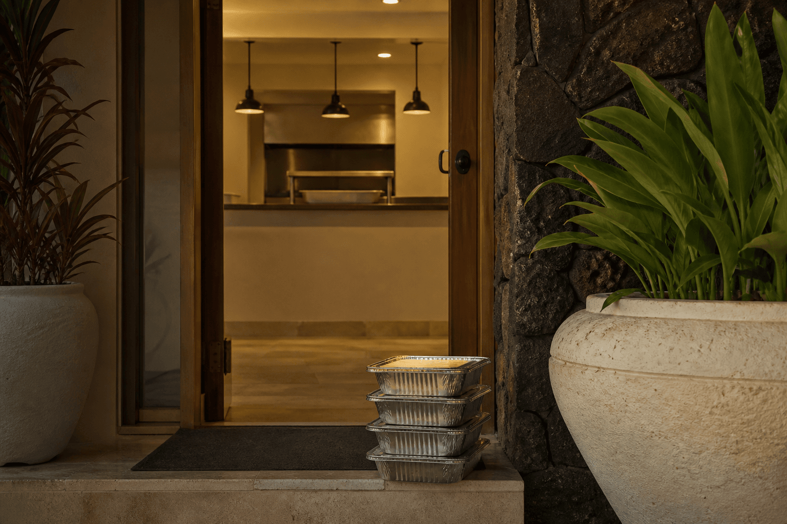 Trays at a Kahala door, no chef at the pass — drop-off is not staffed service.
