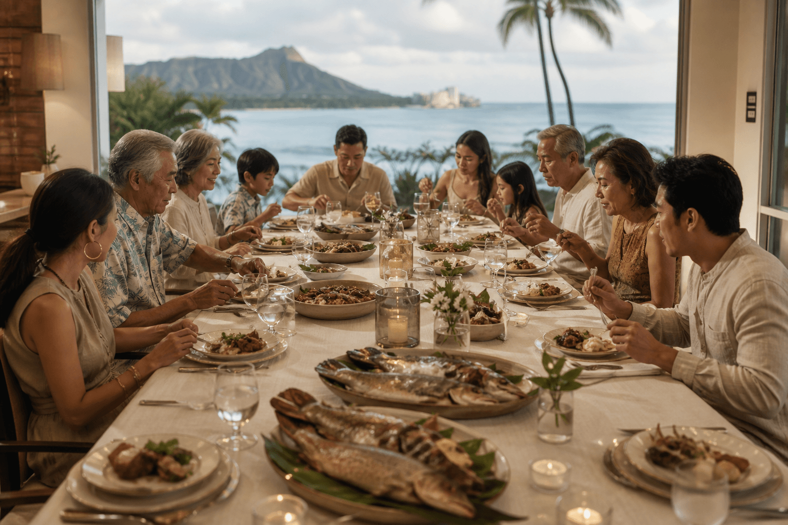 Shared fish platters down a Kahala table, about twelve seats, Diamond Head faint.