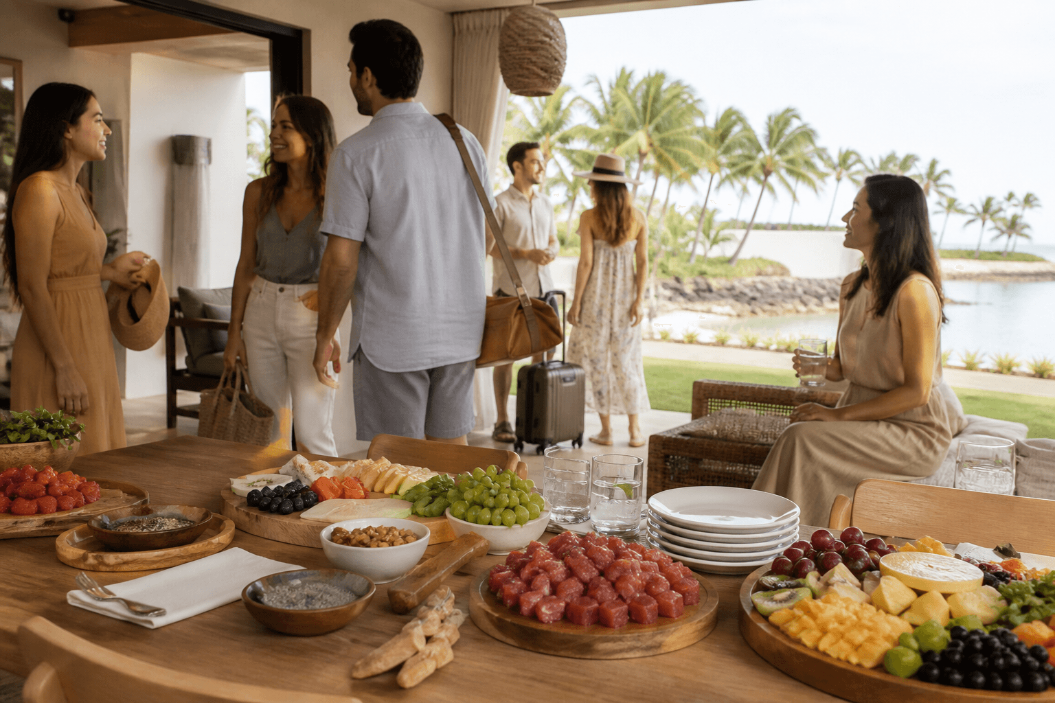 Grazing boards in a Ko Olina villa — poke, fruit, guests still arriving, lagoon.