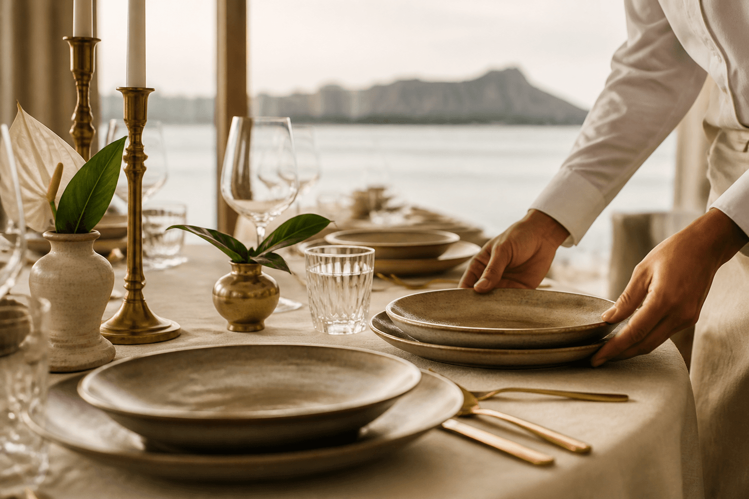 Coursed plates landing on a Kahala dining table, brass, Diamond Head faint.