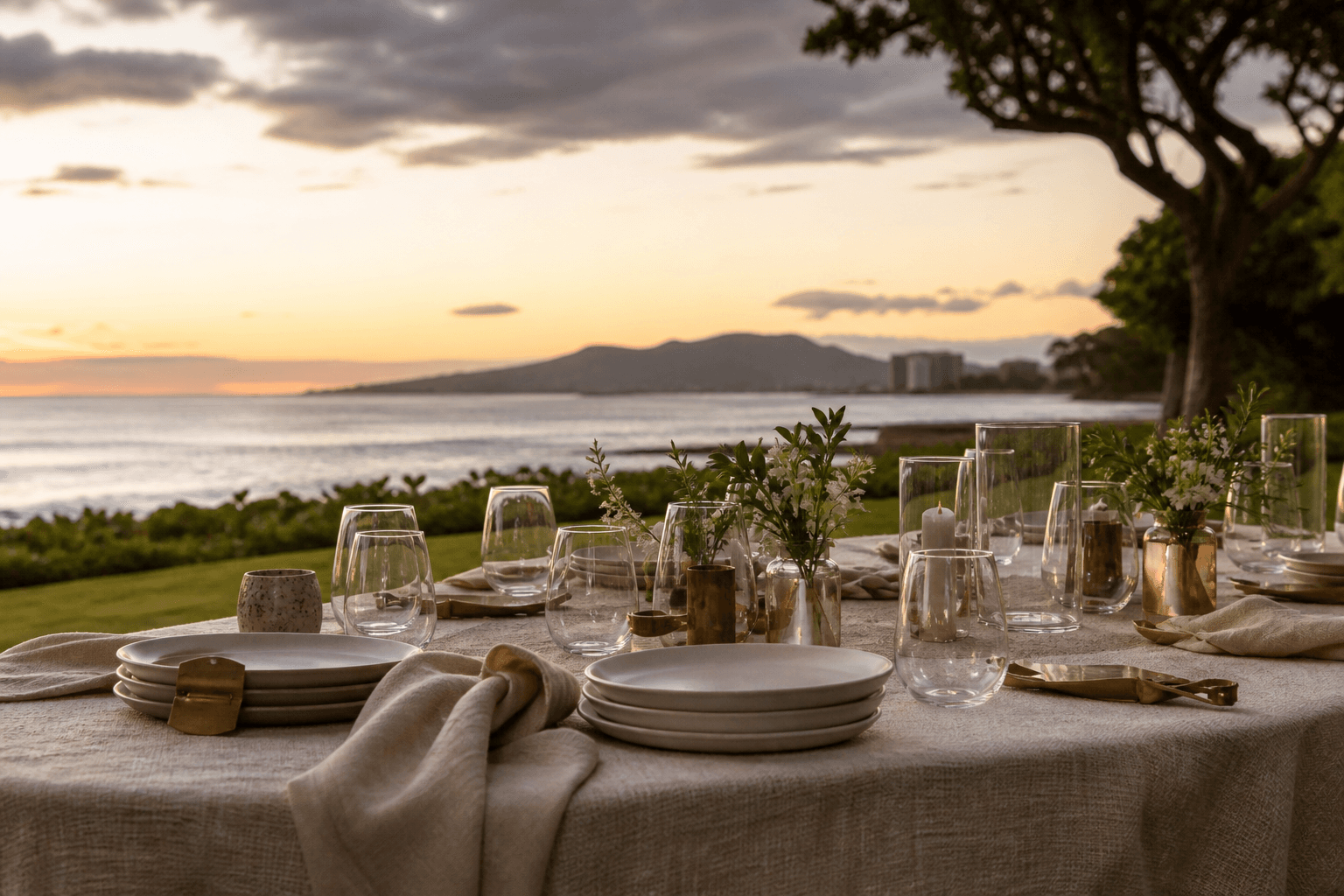 Unused ivory plates and extra glasses on a Kahala lawn table at dusk, brass clip.